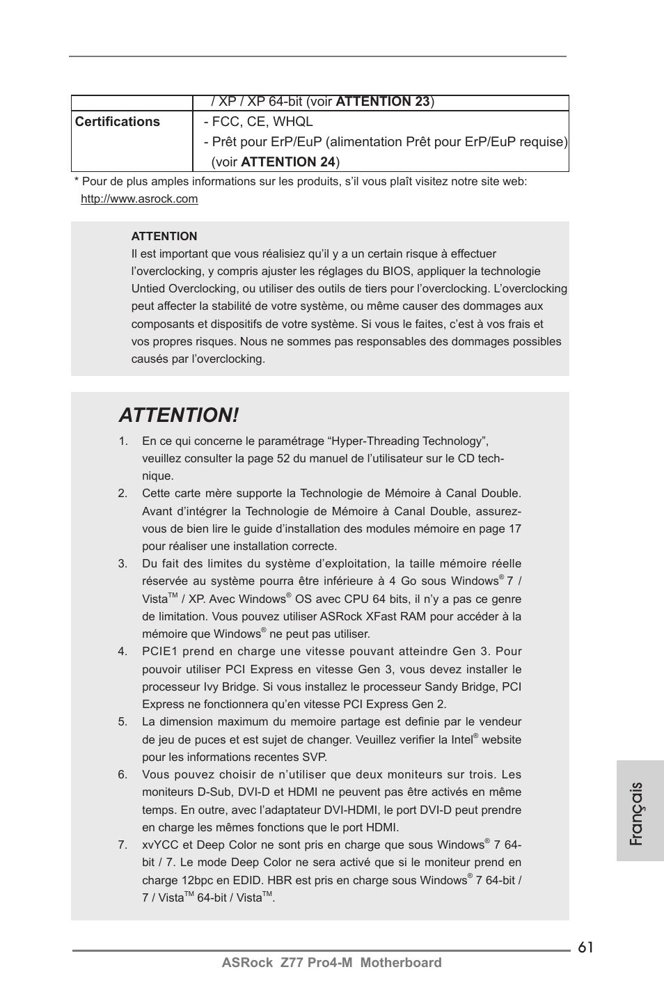 Attention, Français | ASRock Z77 Pro4-M User Manual | Page 61 / 230