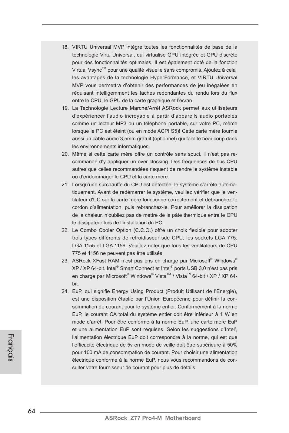 Français, Asrock z77 pro4-m motherboard | ASRock Z77 Pro4-M User Manual | Page 64 / 230