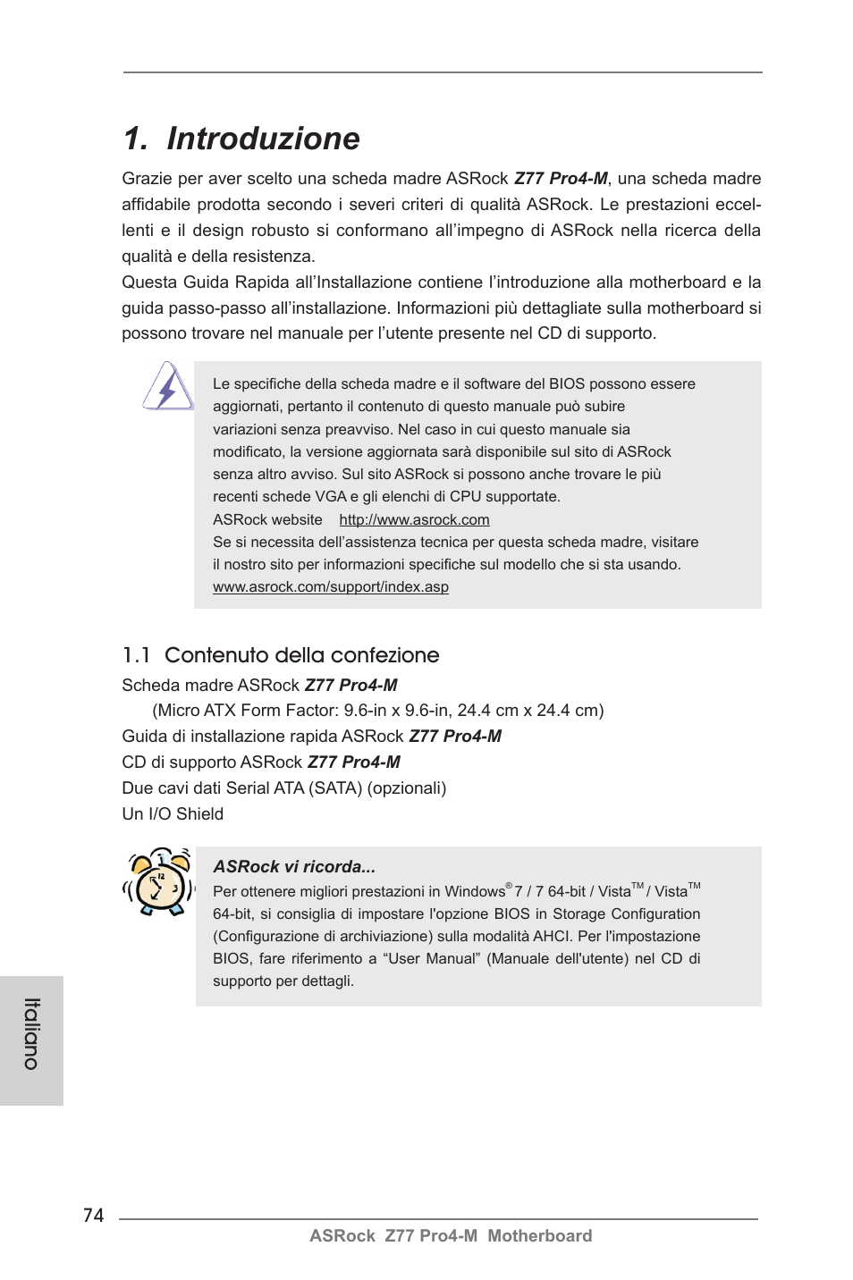 Italian, Introduzione, 1 contenuto della confezione | Italiano | ASRock Z77 Pro4-M User Manual | Page 74 / 230