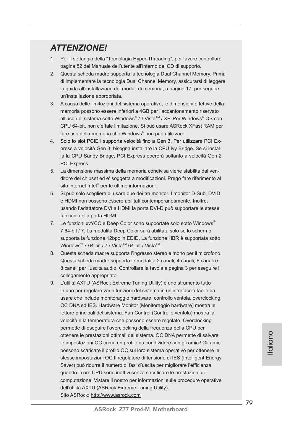 Attenzione, Italiano, Asrock z77 pro4-m motherboard | ASRock Z77 Pro4-M User Manual | Page 79 / 230