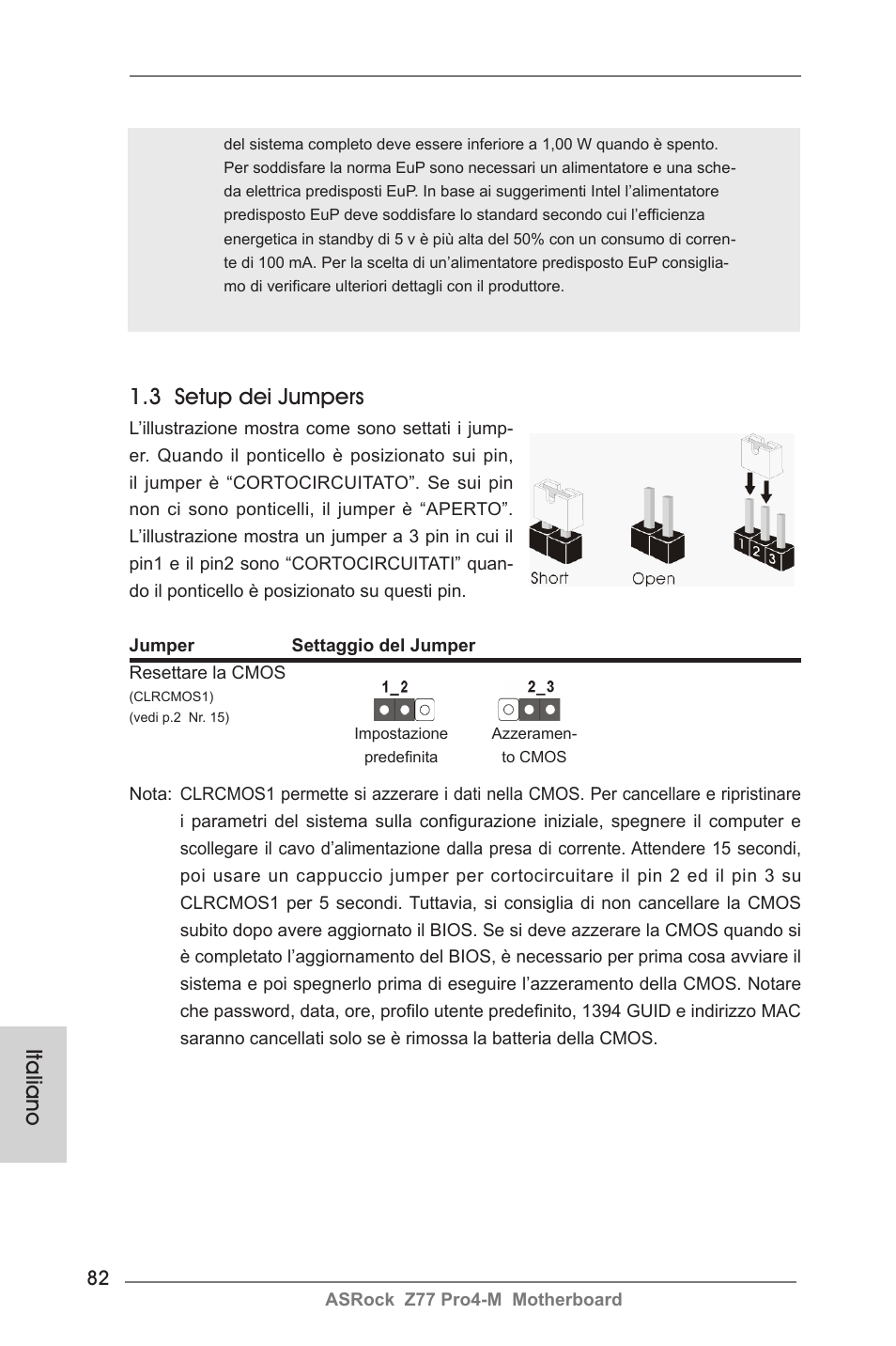 Italiano 1.3 setup dei jumpers | ASRock Z77 Pro4-M User Manual | Page 82 / 230