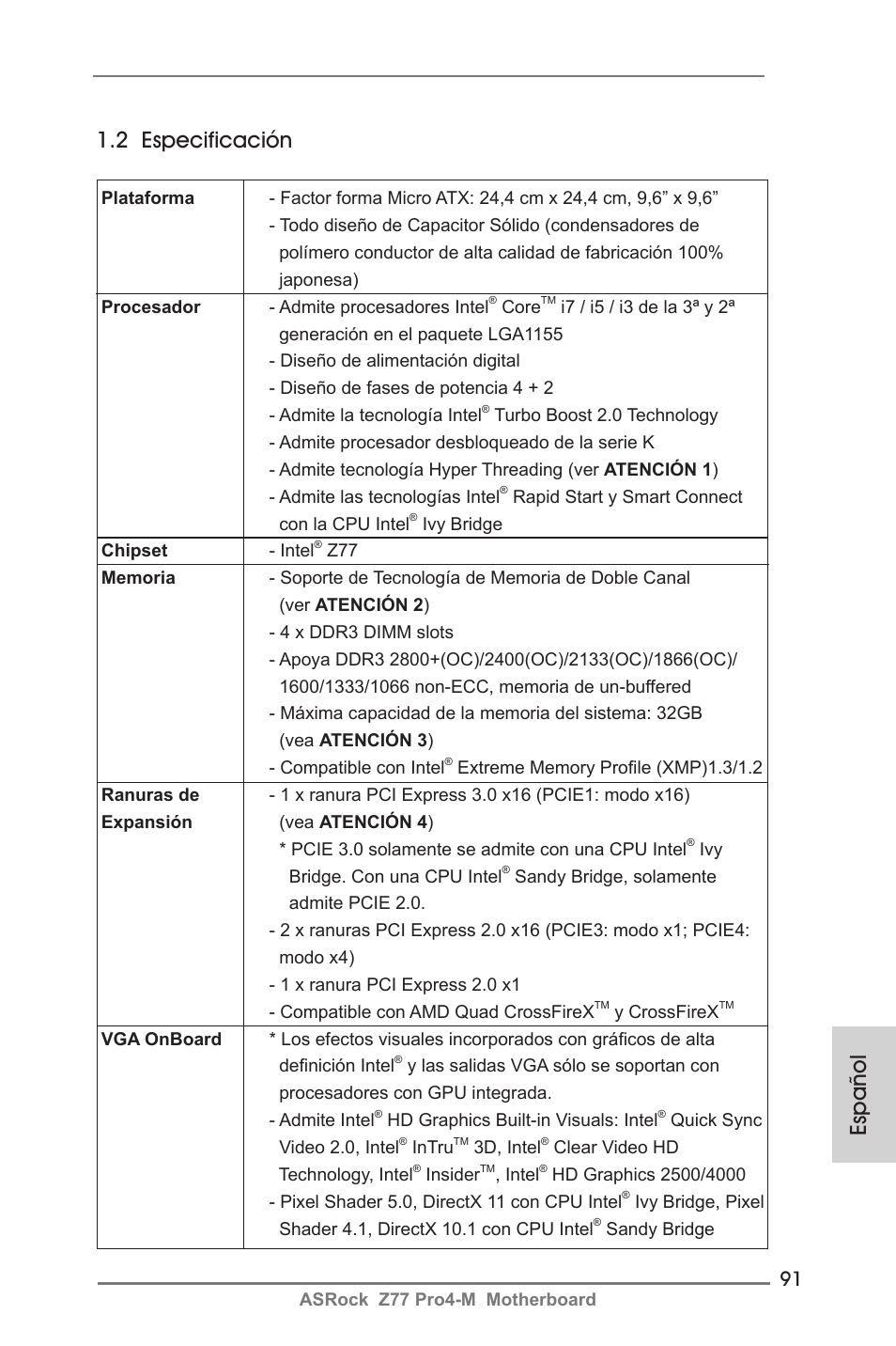 Español 1.2 especificación | ASRock Z77 Pro4-M User Manual | Page 91 / 230