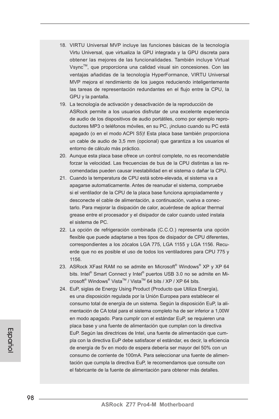 Español, Asrock z77 pro4-m motherboard | ASRock Z77 Pro4-M User Manual | Page 98 / 230