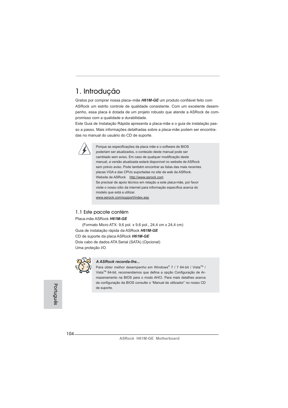 Portuguese, Introdução, 1 este pacote contém | Po rtuguês | ASRock H61M-GE User Manual | Page 104 / 181