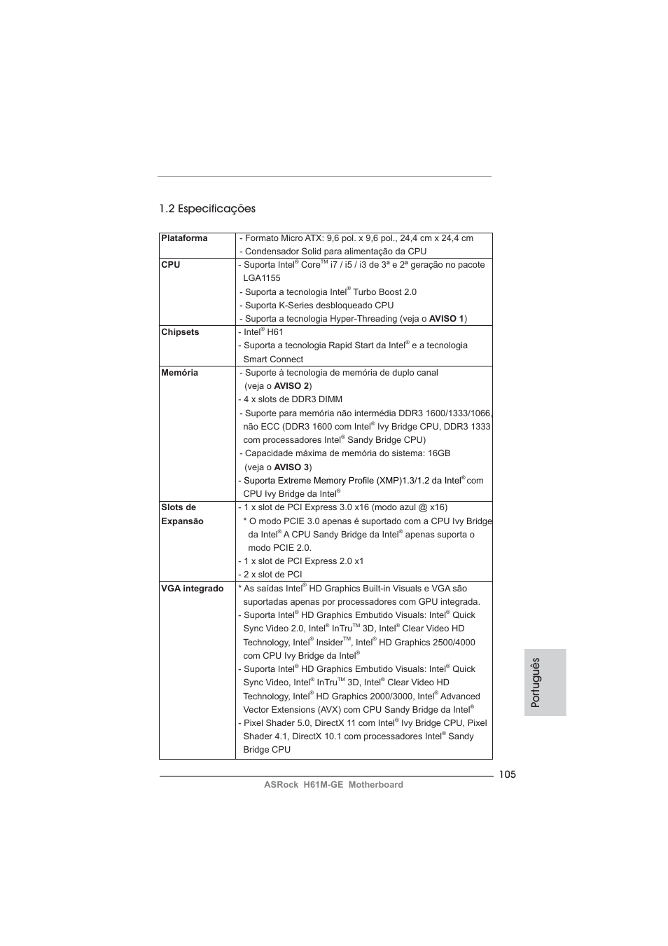 2 especificações, Po rtuguês | ASRock H61M-GE User Manual | Page 105 / 181