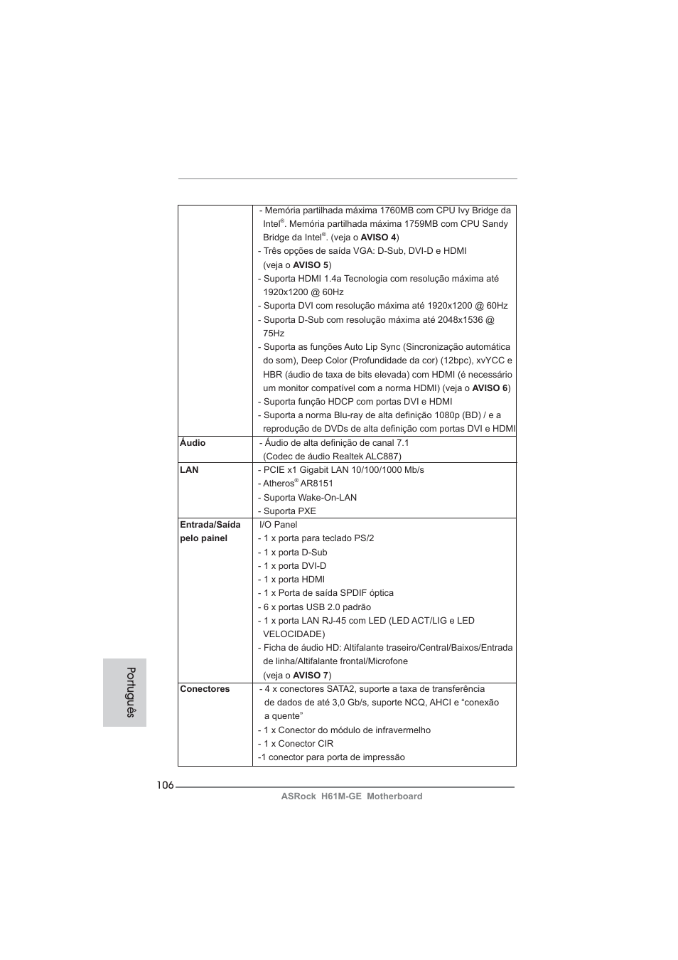 Po rtuguês | ASRock H61M-GE User Manual | Page 106 / 181