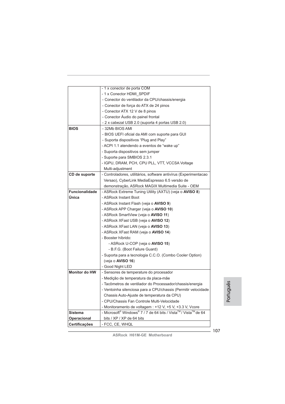 Po rtuguês | ASRock H61M-GE User Manual | Page 107 / 181