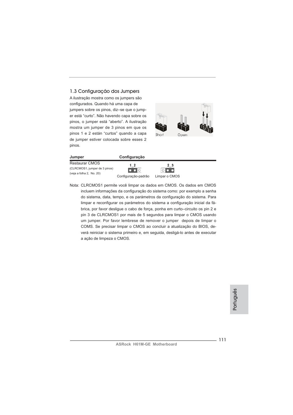 Po rtuguês 1.3 configuração dos jumpers | ASRock H61M-GE User Manual | Page 111 / 181