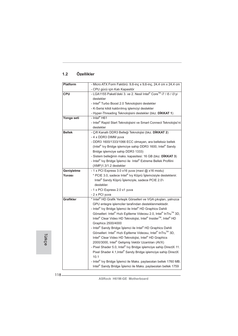 2 özellikler, Türkçe | ASRock H61M-GE User Manual | Page 118 / 181