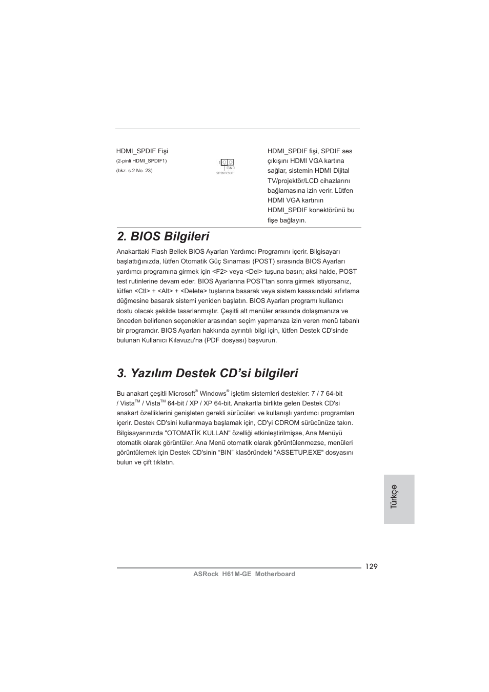 Bios bilgileri, Yazılım destek cd’si bilgileri, Türkçe | ASRock H61M-GE User Manual | Page 129 / 181