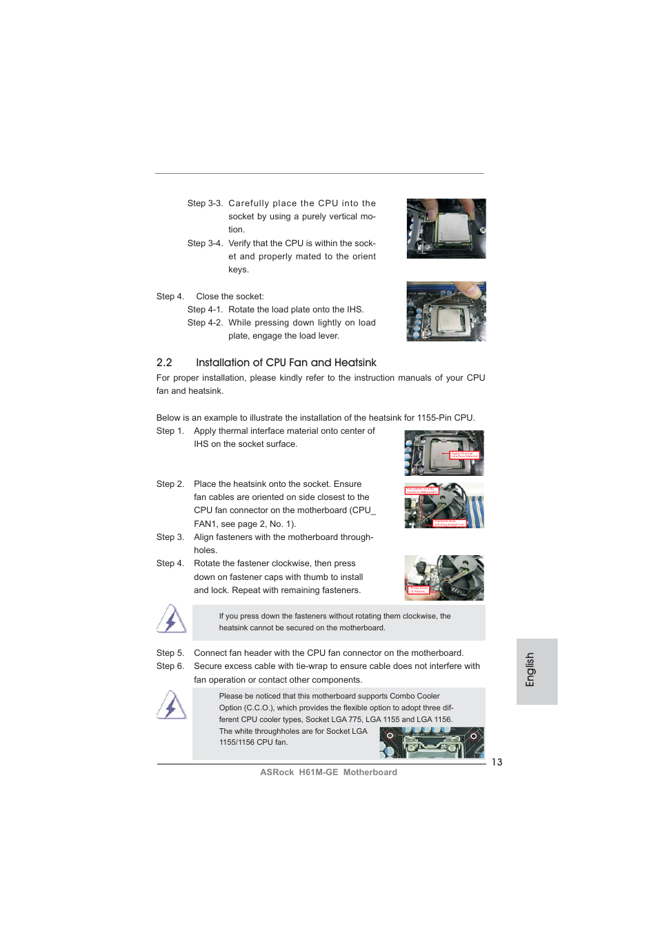 English, 2 installation of cpu fan and heatsink | ASRock H61M-GE User Manual | Page 13 / 181