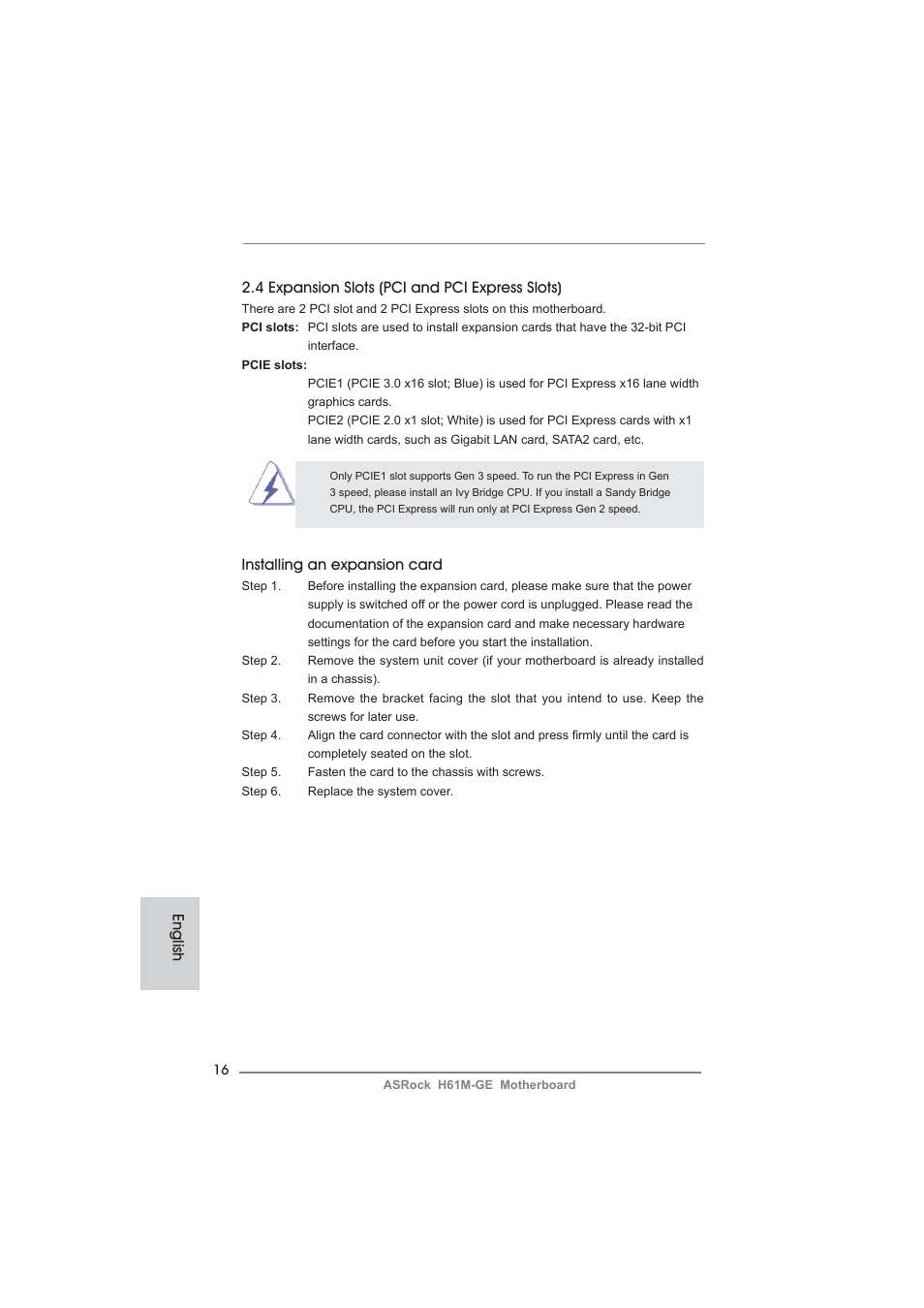 Installing an expansion card | ASRock H61M-GE User Manual | Page 16 / 181