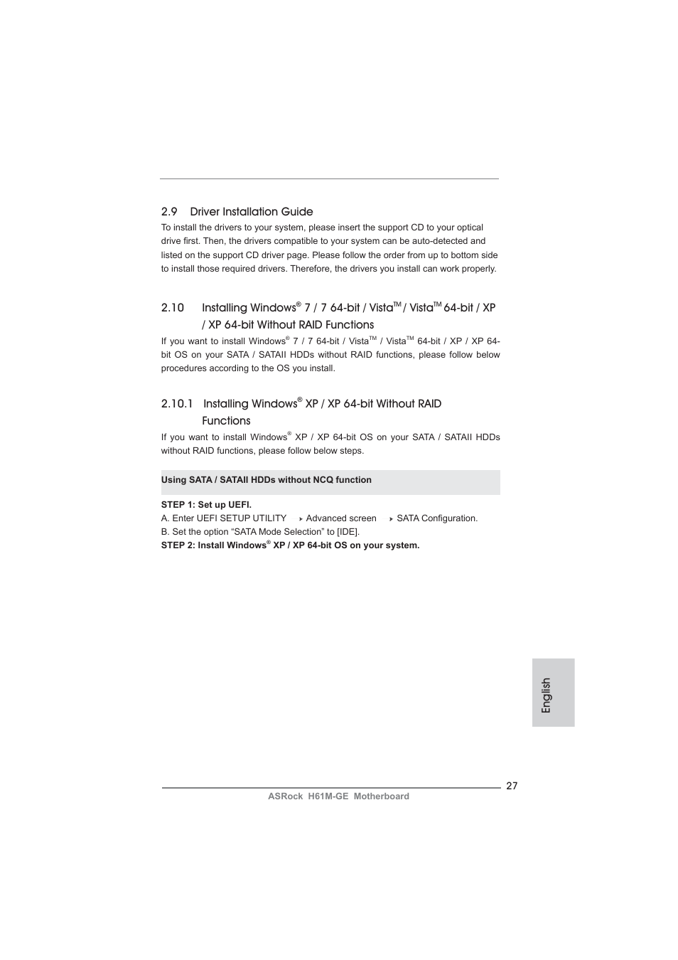 English 2.9 driver installation guide, 10 installing windows, 7 / 7 64-bit / vista | Vista, Bit / xp / xp 64-bit without raid functions, 1 installing windows, Xp / xp 64-bit without raid functions | ASRock H61M-GE User Manual | Page 27 / 181