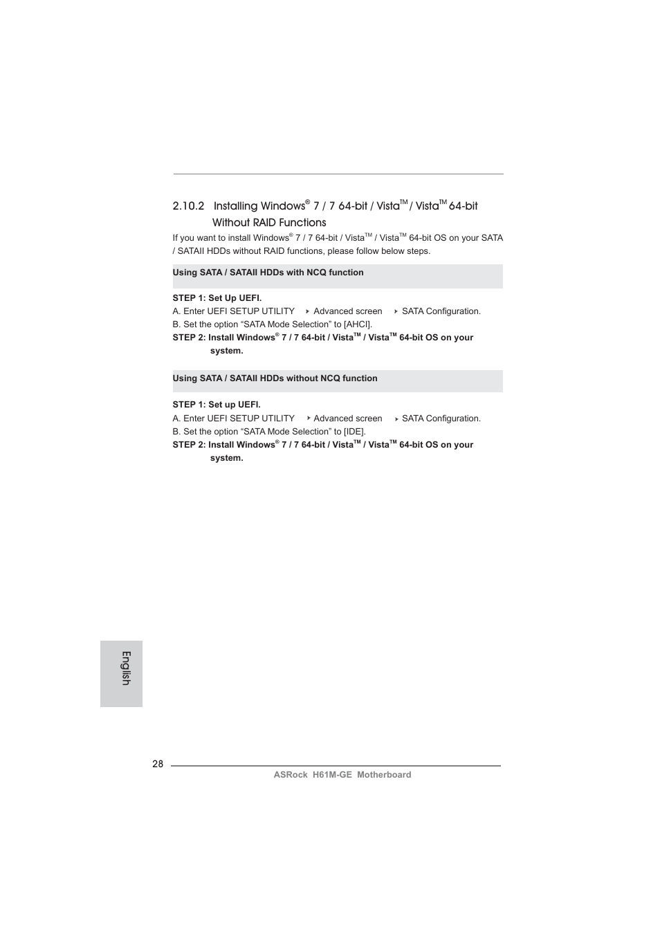 English 2.10.2 installing windows, 7 / 7 64-bit / vista, Vista | Bit without raid functions | ASRock H61M-GE User Manual | Page 28 / 181