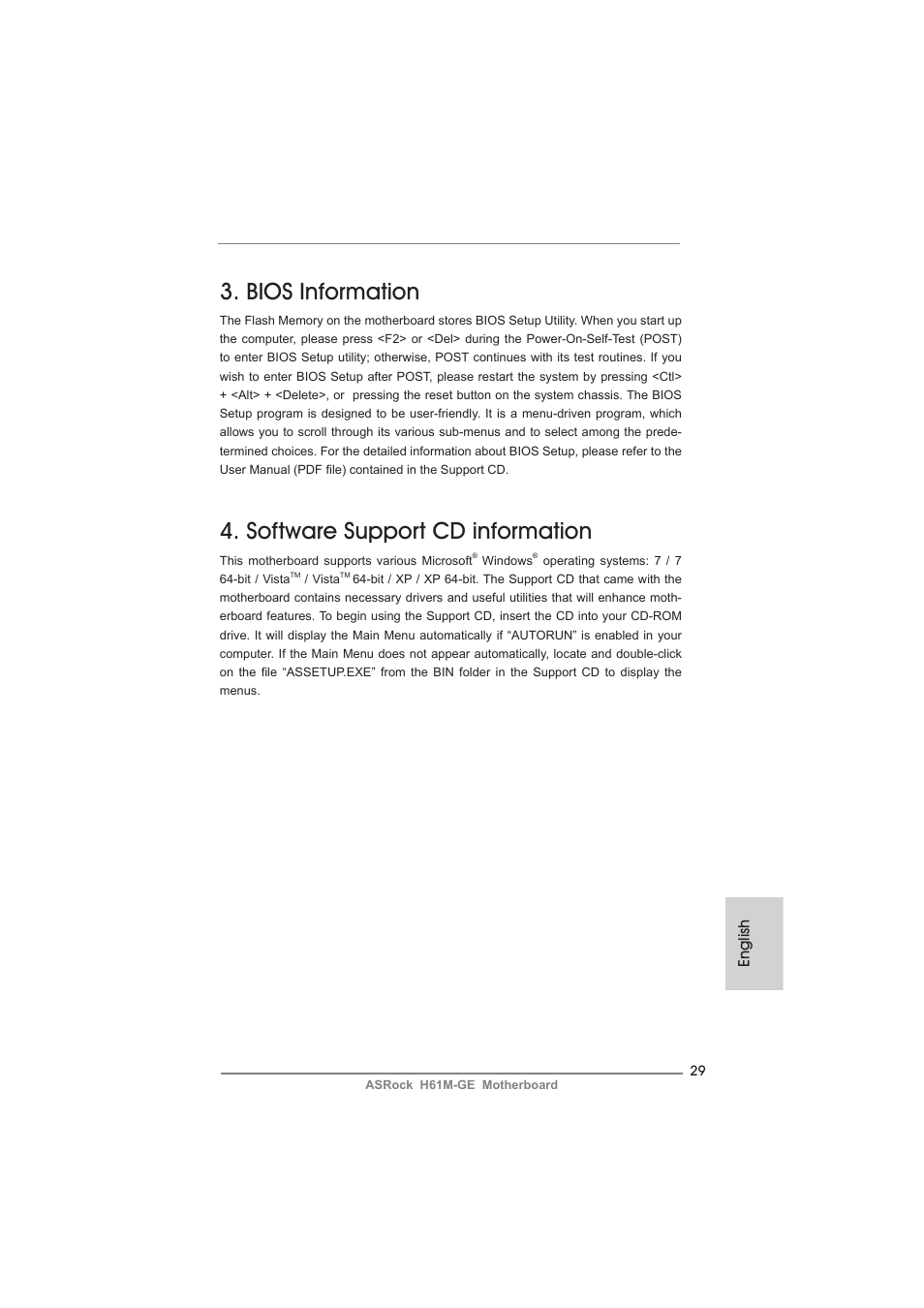 Bios information, Software support cd information, English | ASRock H61M-GE User Manual | Page 29 / 181