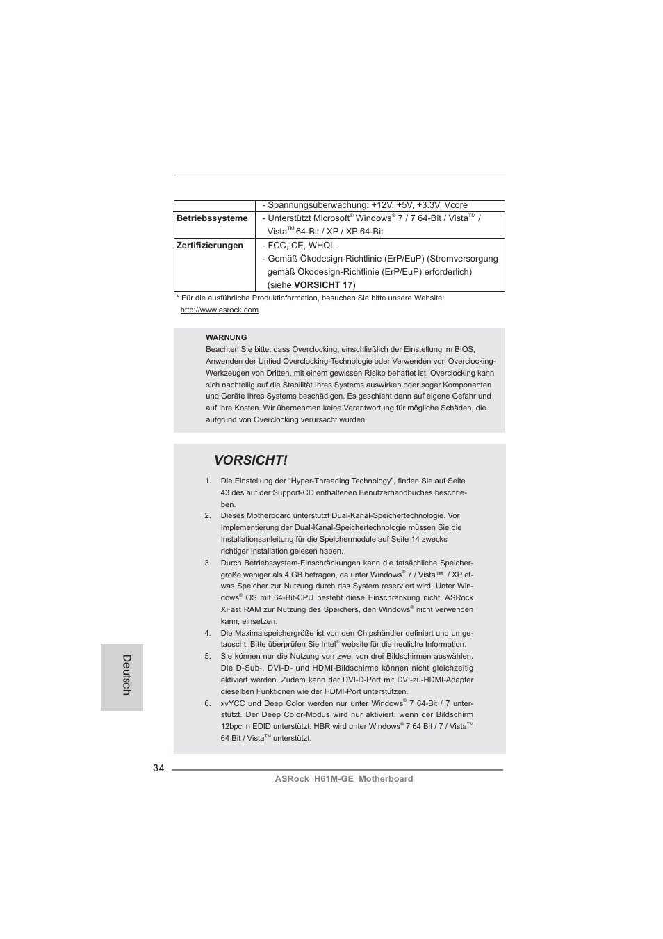 Vorsicht, Deutsch | ASRock H61M-GE User Manual | Page 34 / 181