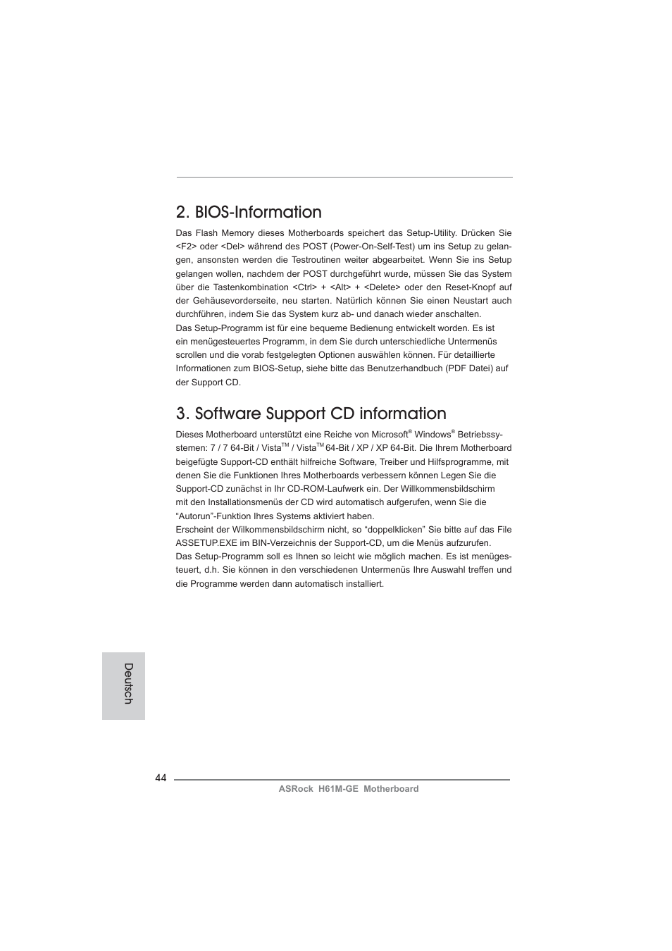 Bios-information, Software support cd information | ASRock H61M-GE User Manual | Page 44 / 181