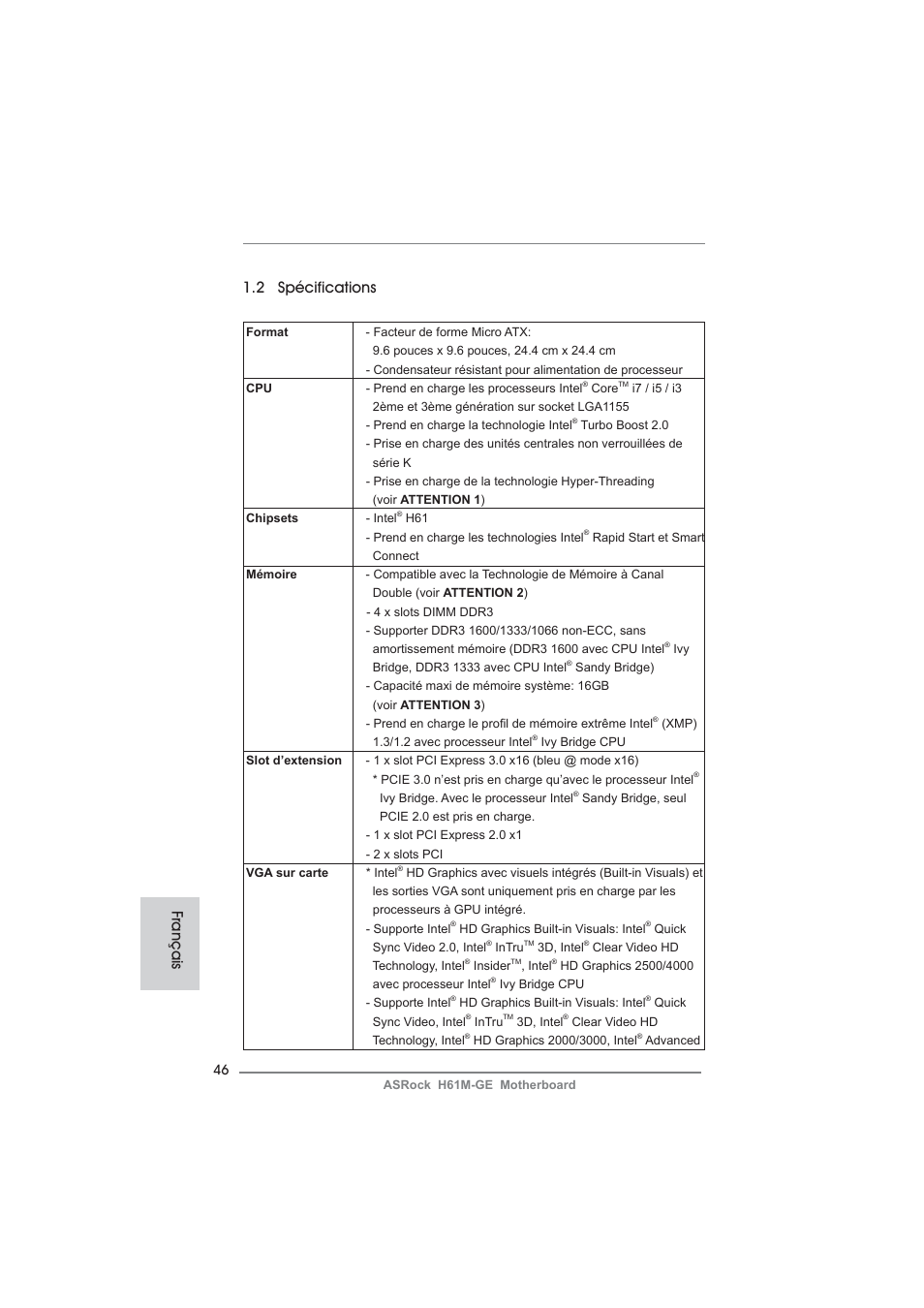 2 spécifications, Français | ASRock H61M-GE User Manual | Page 46 / 181