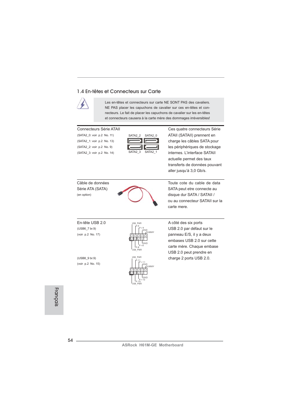 Français 1.4 en-têtes et connecteurs sur carte | ASRock H61M-GE User Manual | Page 54 / 181