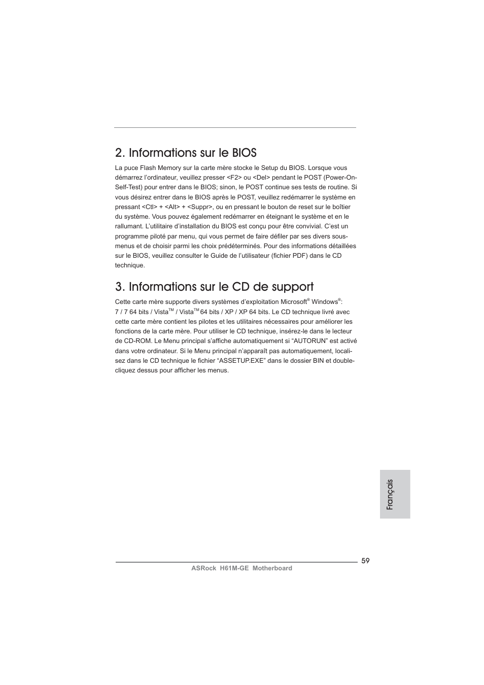 Informations sur le bios, Informations sur le cd de support | ASRock H61M-GE User Manual | Page 59 / 181