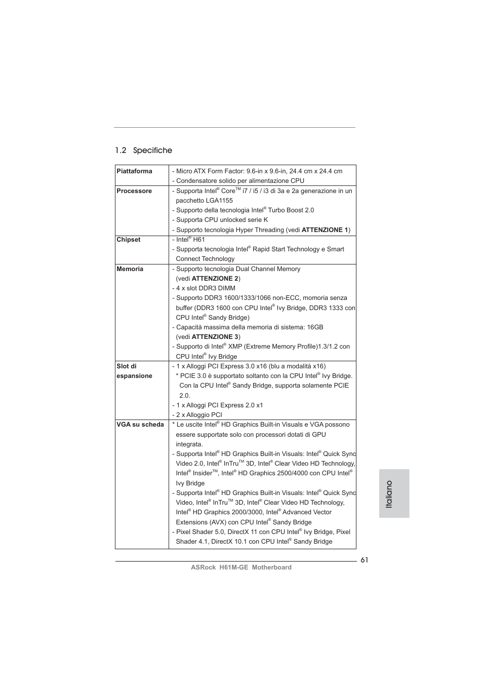 Italiano 1.2 specifiche | ASRock H61M-GE User Manual | Page 61 / 181