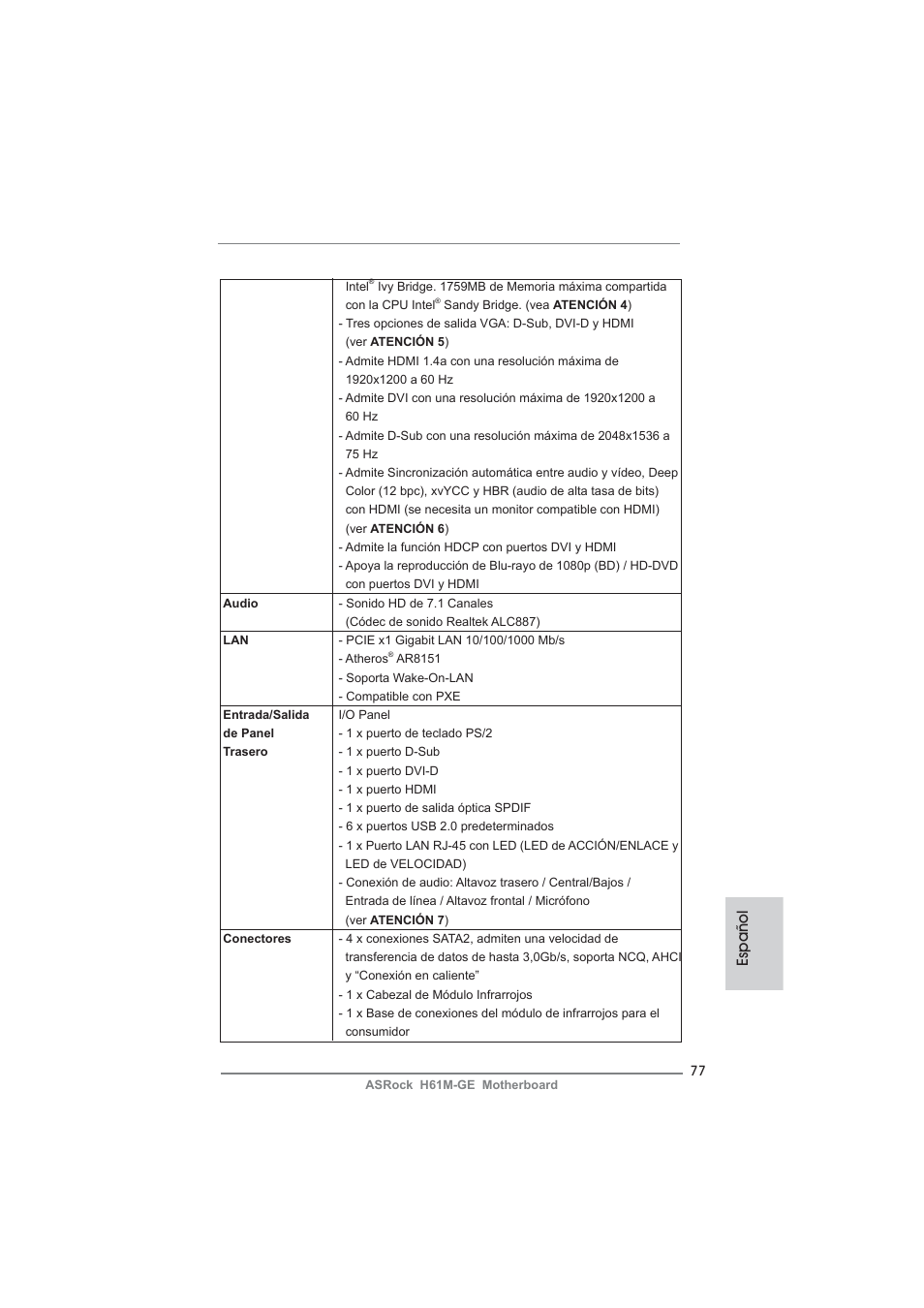 Español | ASRock H61M-GE User Manual | Page 77 / 181