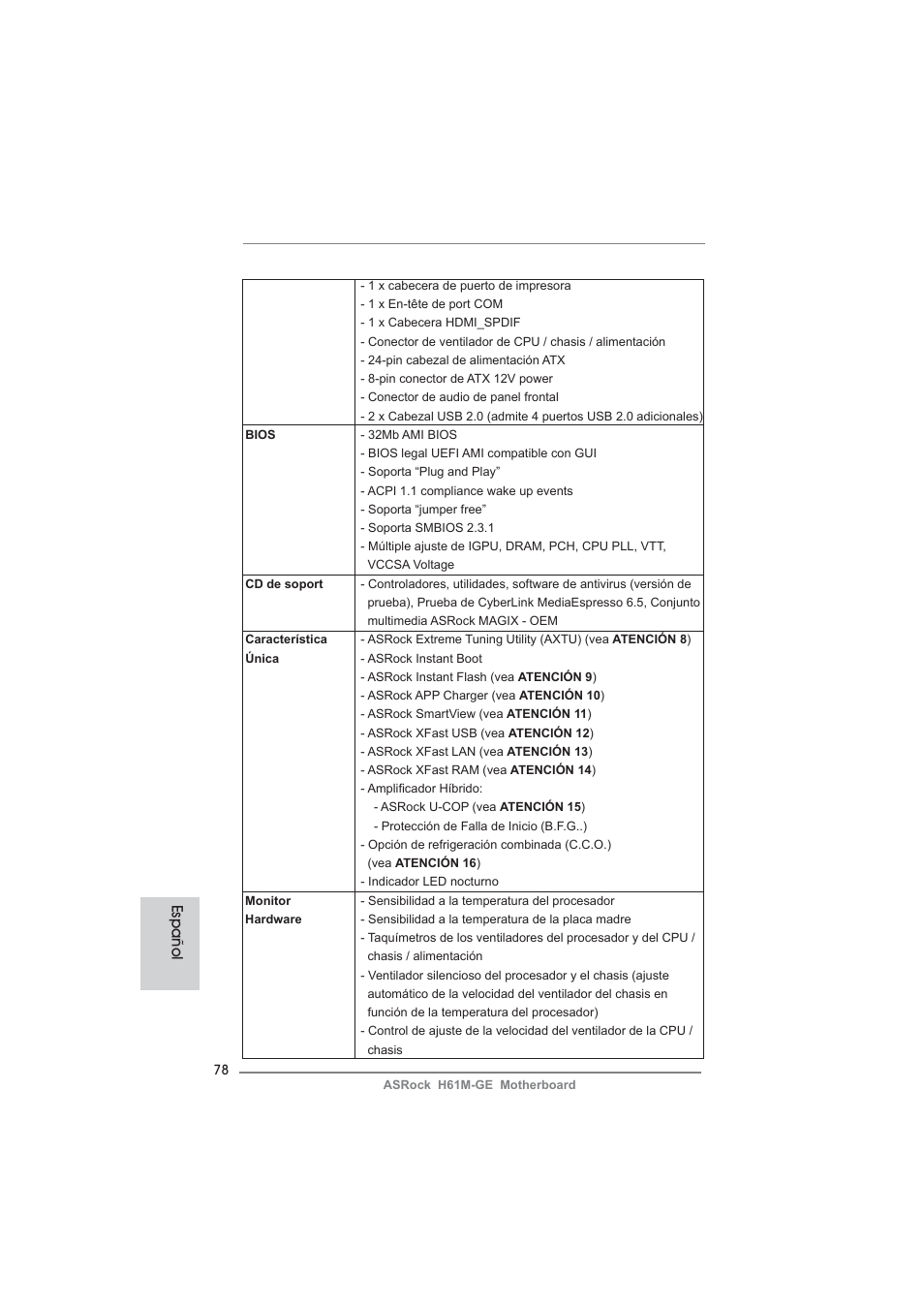 Español | ASRock H61M-GE User Manual | Page 78 / 181