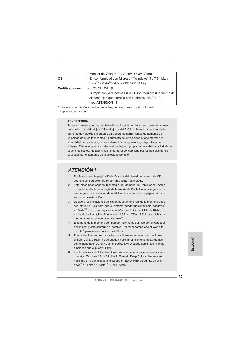 Atención, Español | ASRock H61M-GE User Manual | Page 79 / 181