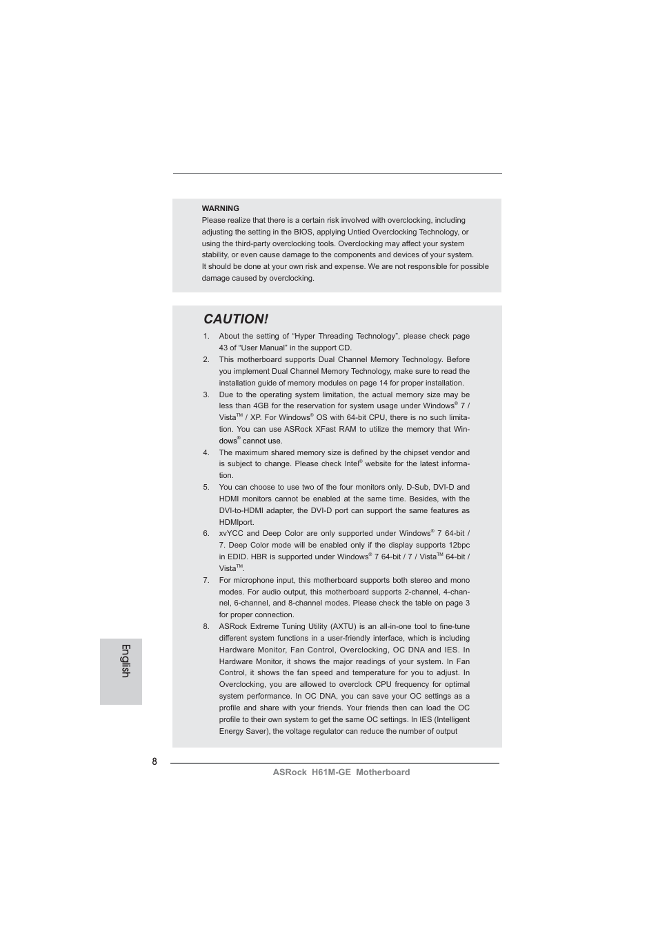 Caution, English | ASRock H61M-GE User Manual | Page 8 / 181