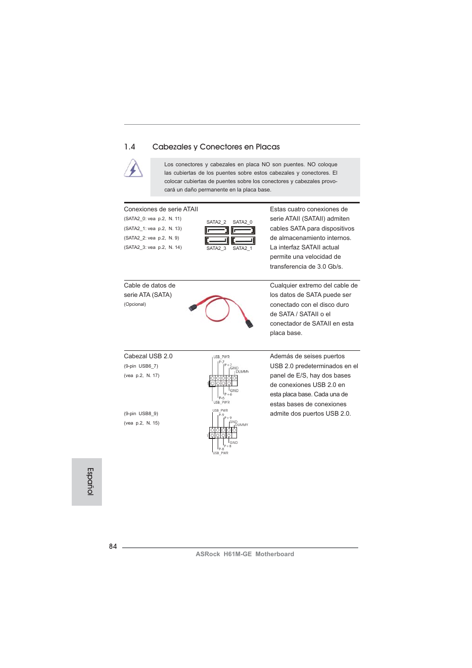 Español 1.4 cabezales y conectores en placas | ASRock H61M-GE User Manual | Page 84 / 181