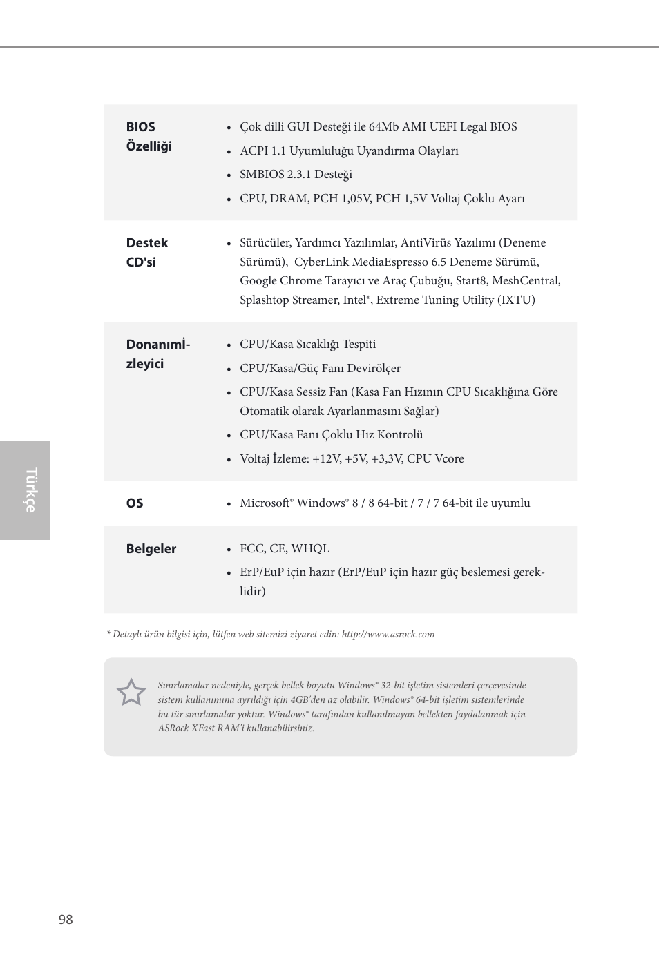 Türk çe | ASRock B85 Pro4 User Manual | Page 100 / 163
