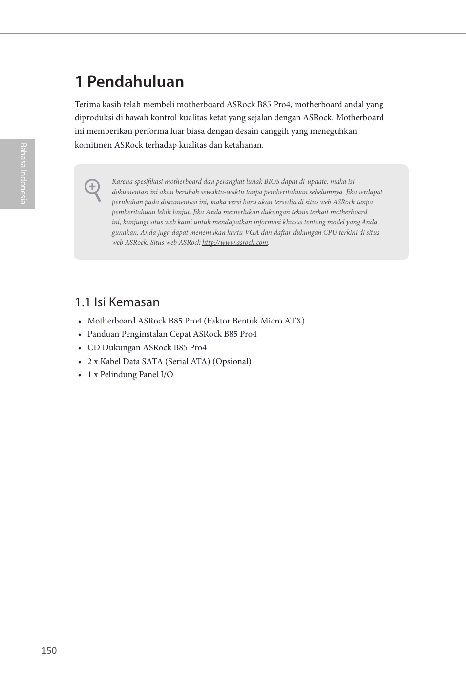 Indonesian, 1 pendahuluan, 1 isi kemasan | ASRock B85 Pro4 User Manual | Page 152 / 163