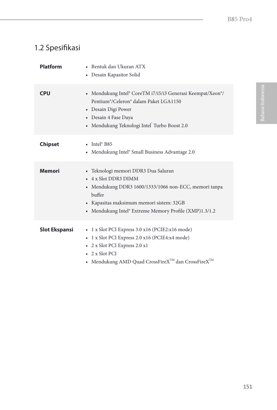 2 spesifikasi, B 8 5 pro4 | ASRock B85 Pro4 User Manual | Page 153 / 163