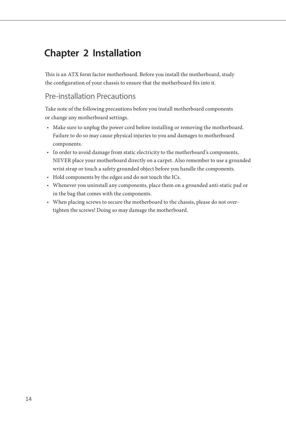 Chapter 2 installation, Pre-installation precautions | ASRock B85 Pro4 User Manual | Page 16 / 163