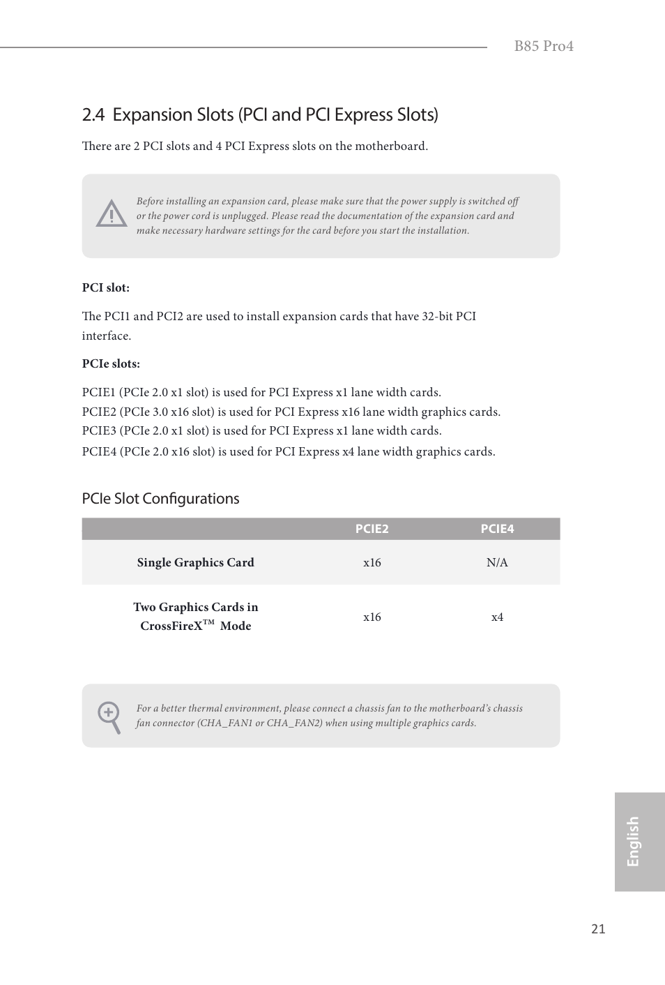 4 expansion slots (pci and pci express slots), B85 pro4, English | Pcie slot configurations 4 | ASRock B85 Pro4 User Manual | Page 23 / 163