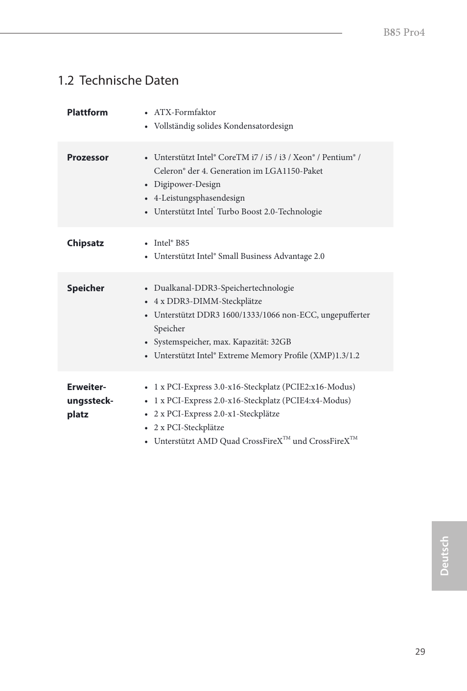 2 technische daten, B 8 5 pro4, Deutsch | ASRock B85 Pro4 User Manual | Page 31 / 163