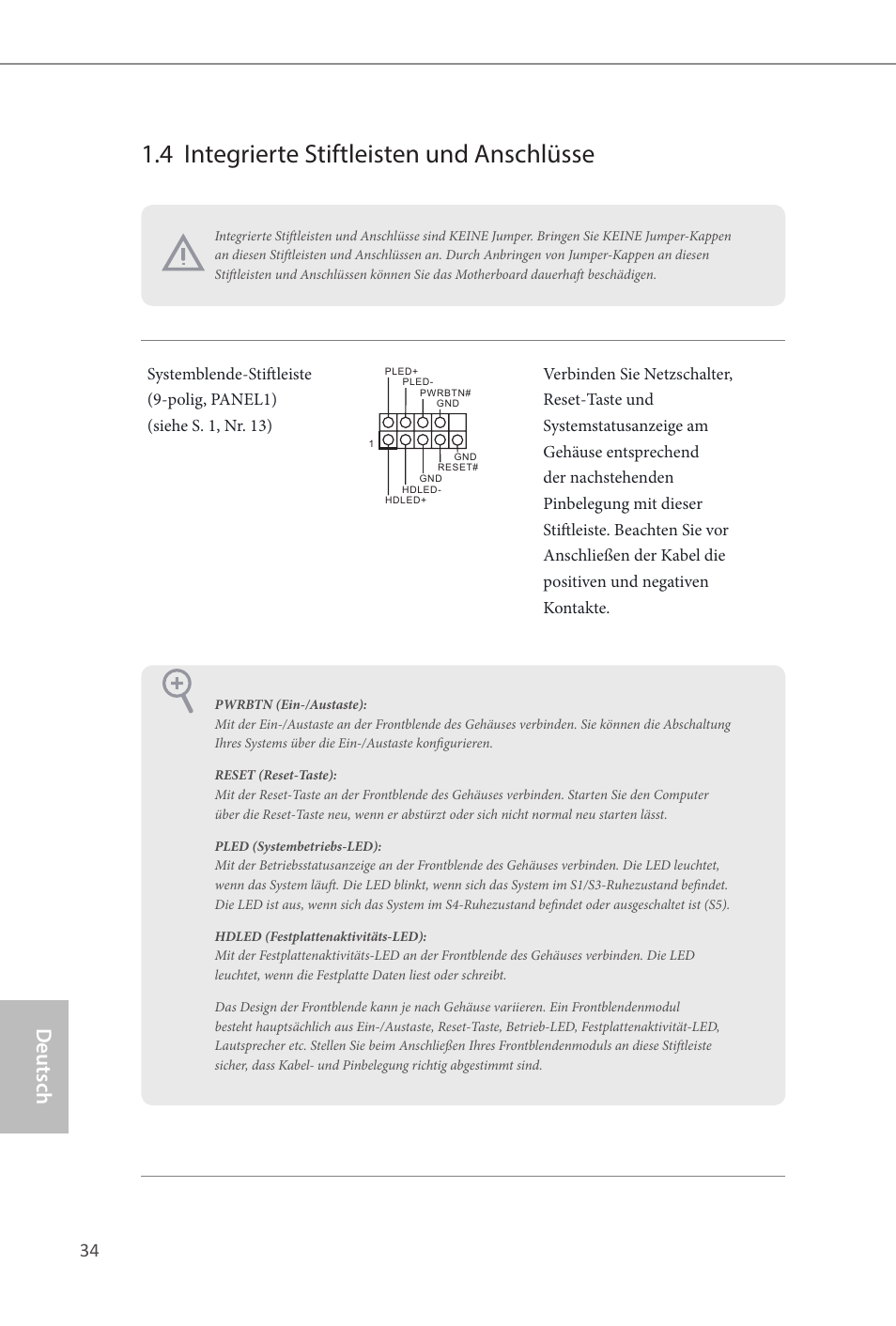 4 integrierte stiftleisten und anschlüsse, Deutsch | ASRock B85 Pro4 User Manual | Page 36 / 163