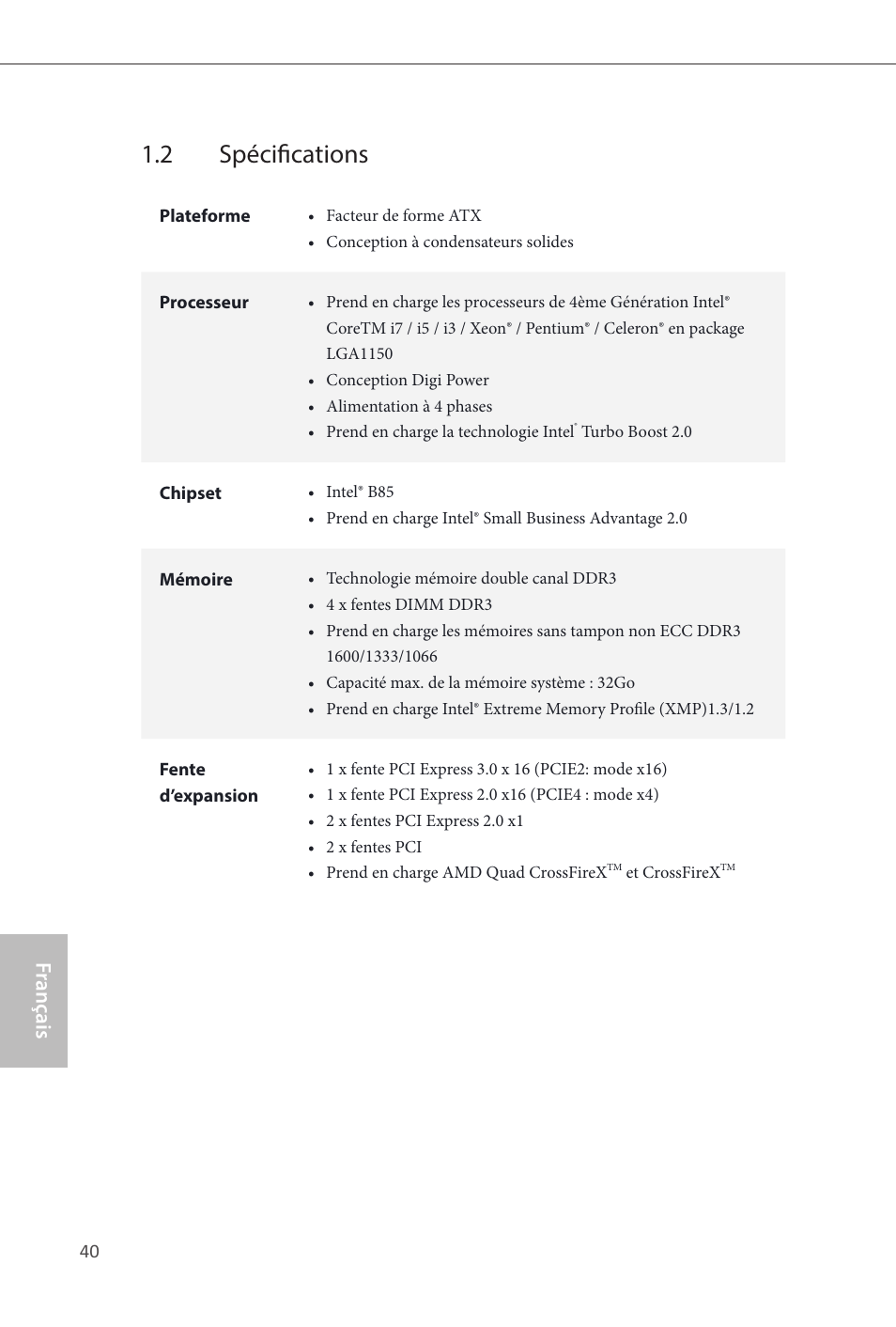 2 spécifications, Fr ançais français | ASRock B85 Pro4 User Manual | Page 42 / 163