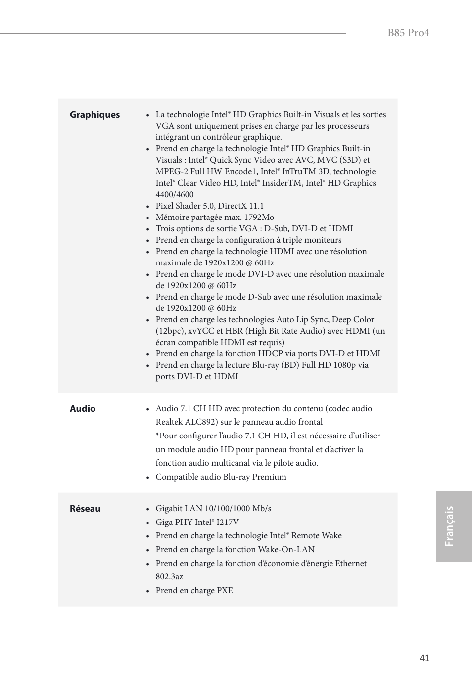 B 8 5 pro4, Fr ançais français | ASRock B85 Pro4 User Manual | Page 43 / 163
