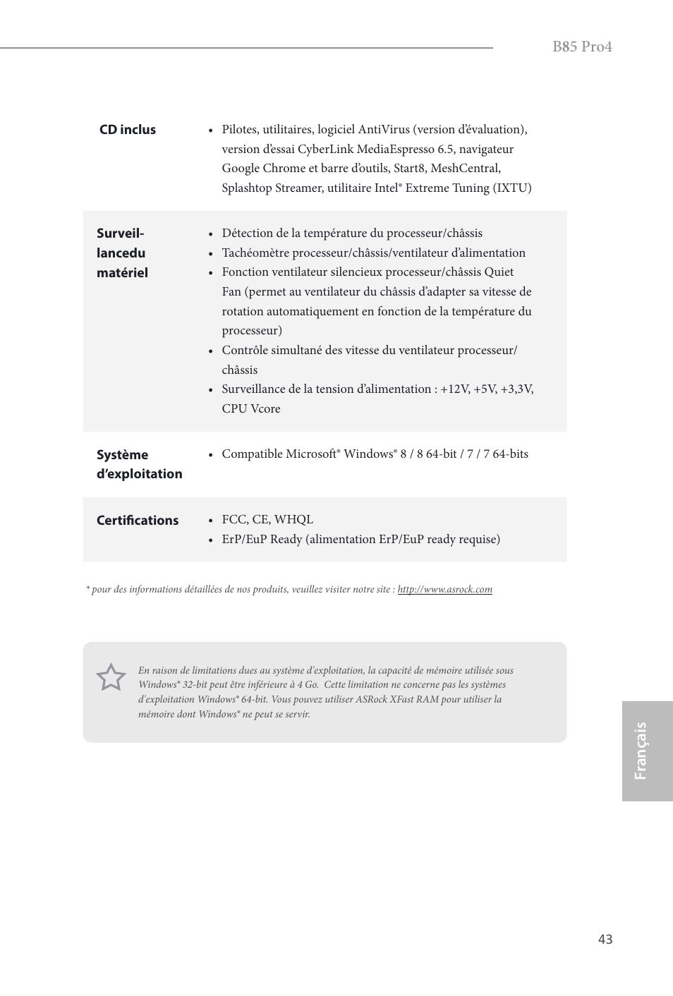 B 8 5 pro4, Fr ançais français | ASRock B85 Pro4 User Manual | Page 45 / 163
