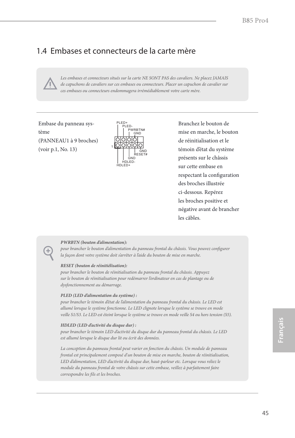 4 embases et connecteurs de la carte mère, B 8 5 pro4, Fr ançais français | ASRock B85 Pro4 User Manual | Page 47 / 163