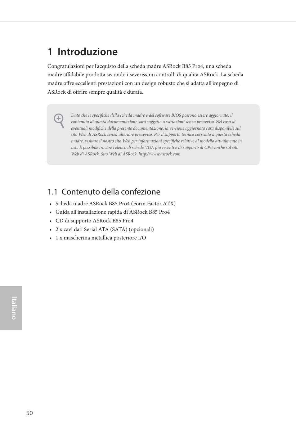 Italian, 1 introduzione, 1 contenuto della confezione | ASRock B85 Pro4 User Manual | Page 52 / 163