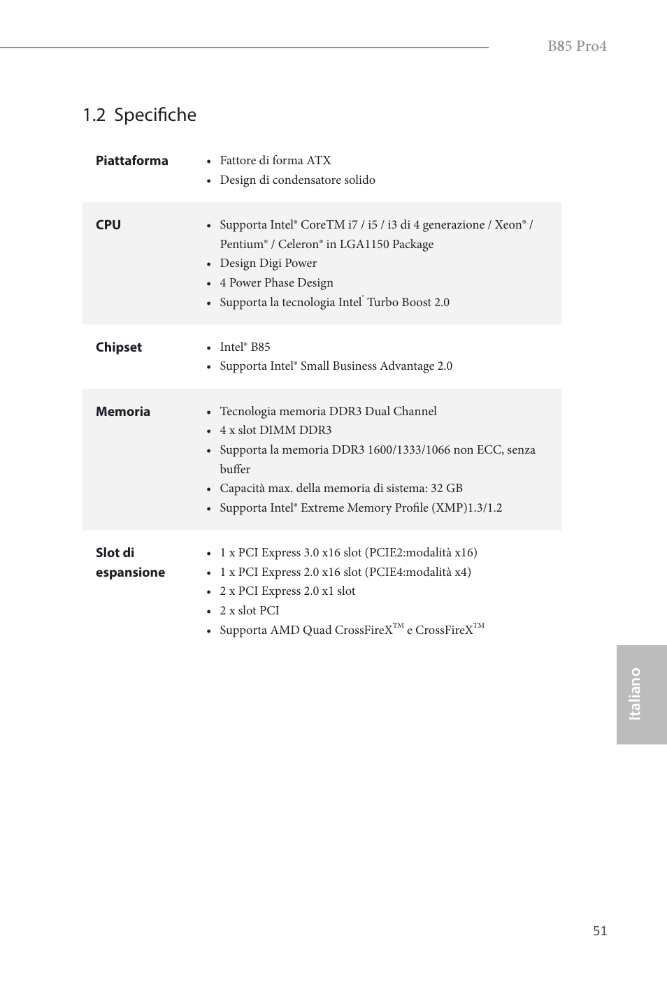 2 specifiche, B 8 5 pro4, Italiano | ASRock B85 Pro4 User Manual | Page 53 / 163