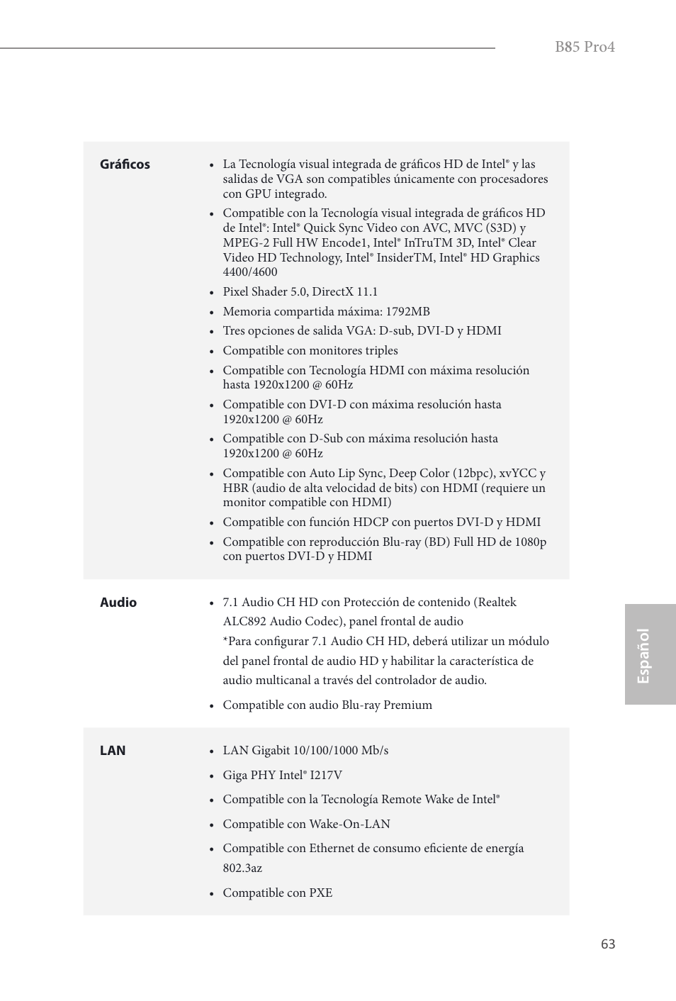 B 8 5 pro4, Español | ASRock B85 Pro4 User Manual | Page 65 / 163