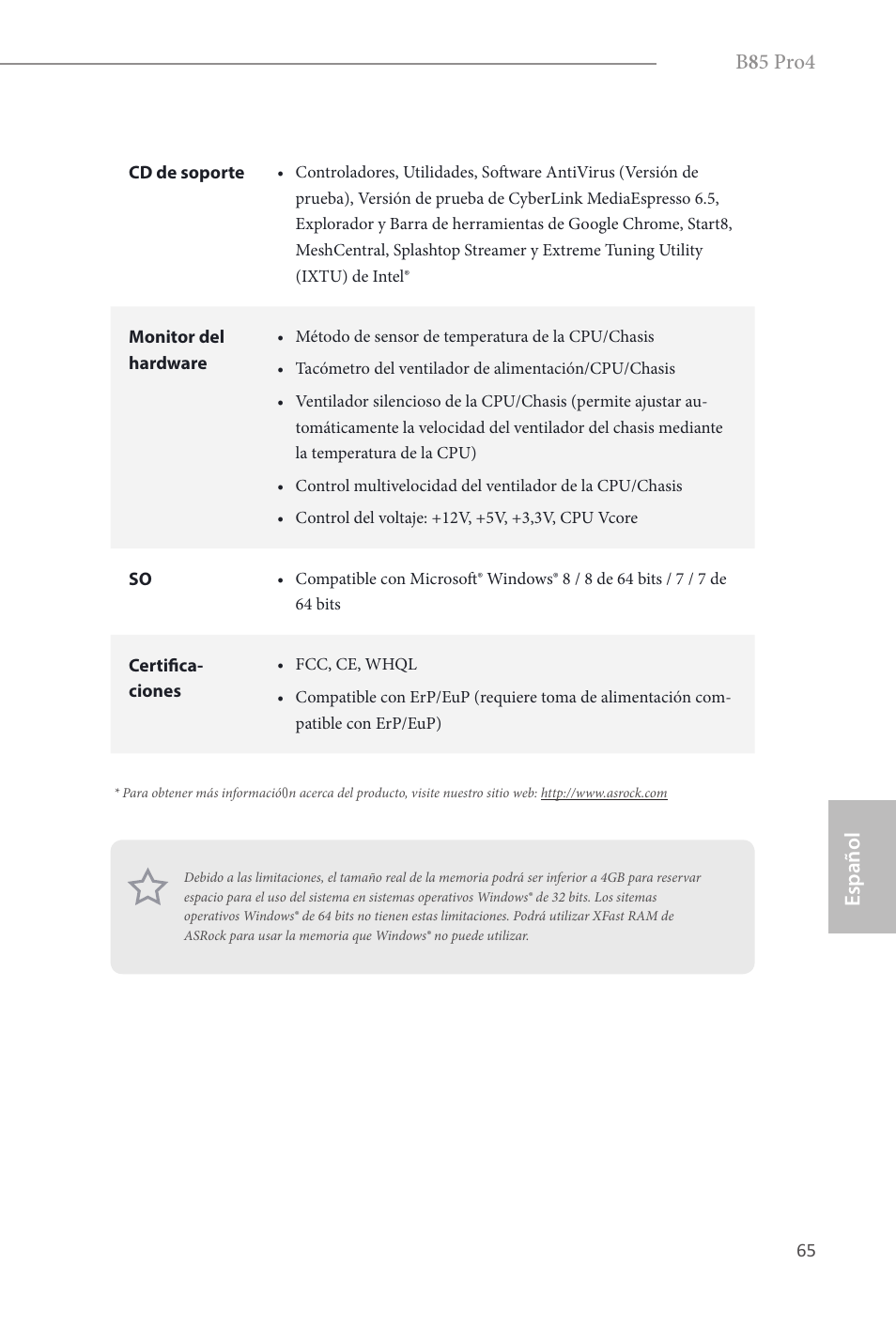 B 8 5 pro4, Español | ASRock B85 Pro4 User Manual | Page 67 / 163