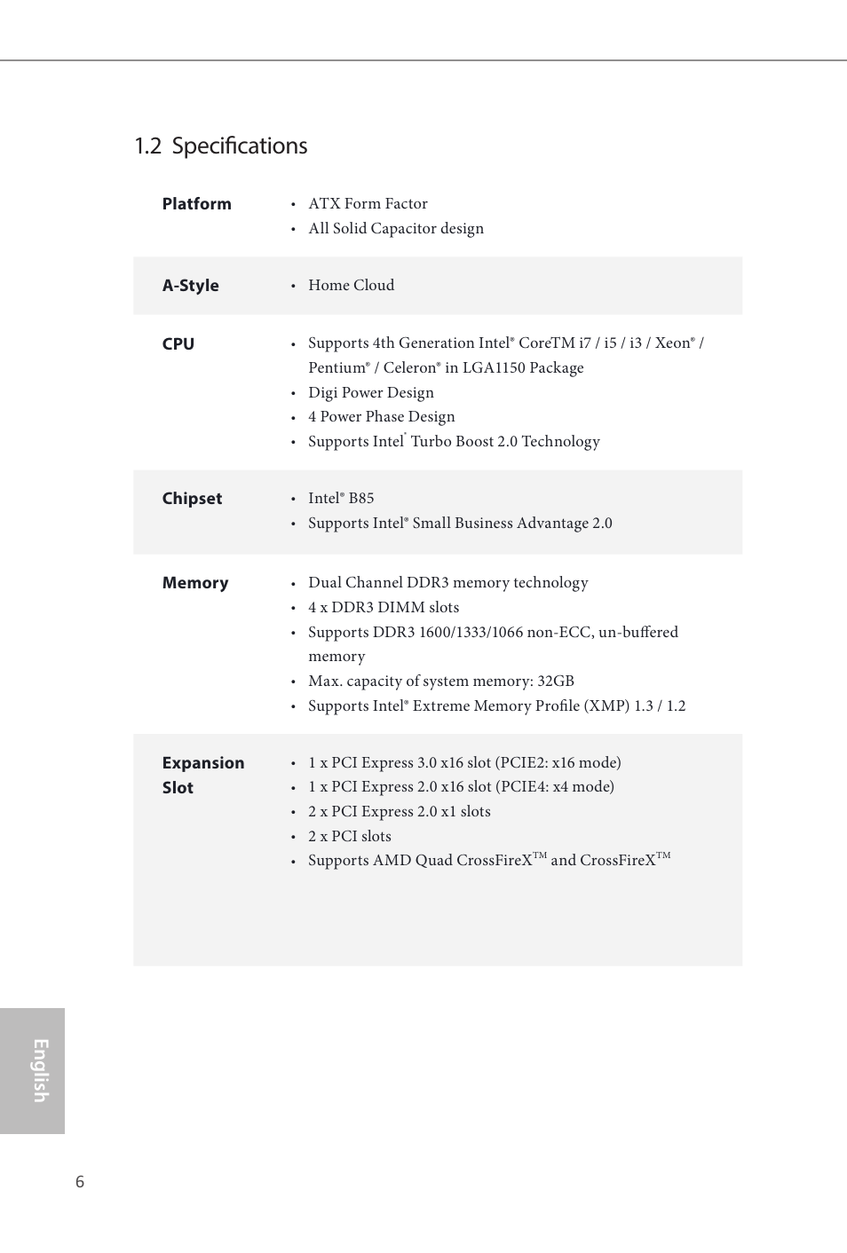 2 specifications, English | ASRock B85 Pro4 User Manual | Page 8 / 163