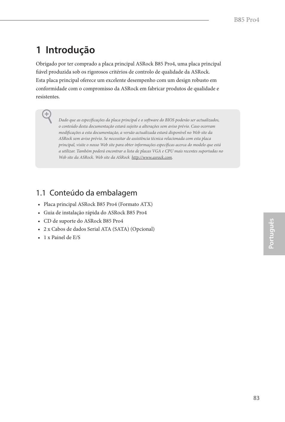 Portuguese, 1 introdução, 1 conteúdo da embalagem | ASRock B85 Pro4 User Manual | Page 85 / 163