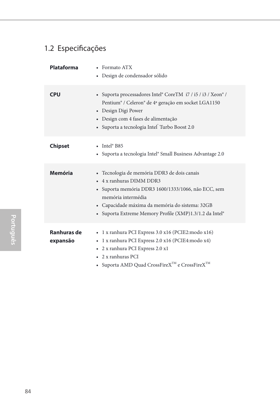 2 especificações, Por tuguês | ASRock B85 Pro4 User Manual | Page 86 / 163