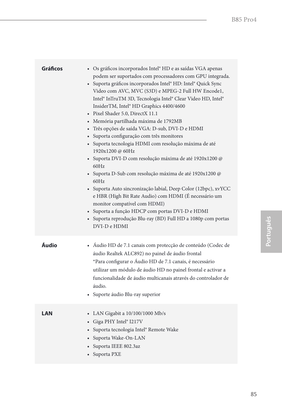B 8 5 pro4, Por tuguês | ASRock B85 Pro4 User Manual | Page 87 / 163