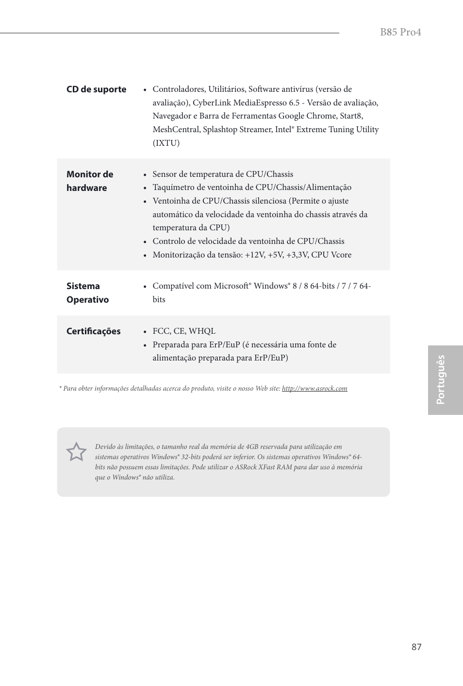 B 8 5 pro4, Por tuguês | ASRock B85 Pro4 User Manual | Page 89 / 163